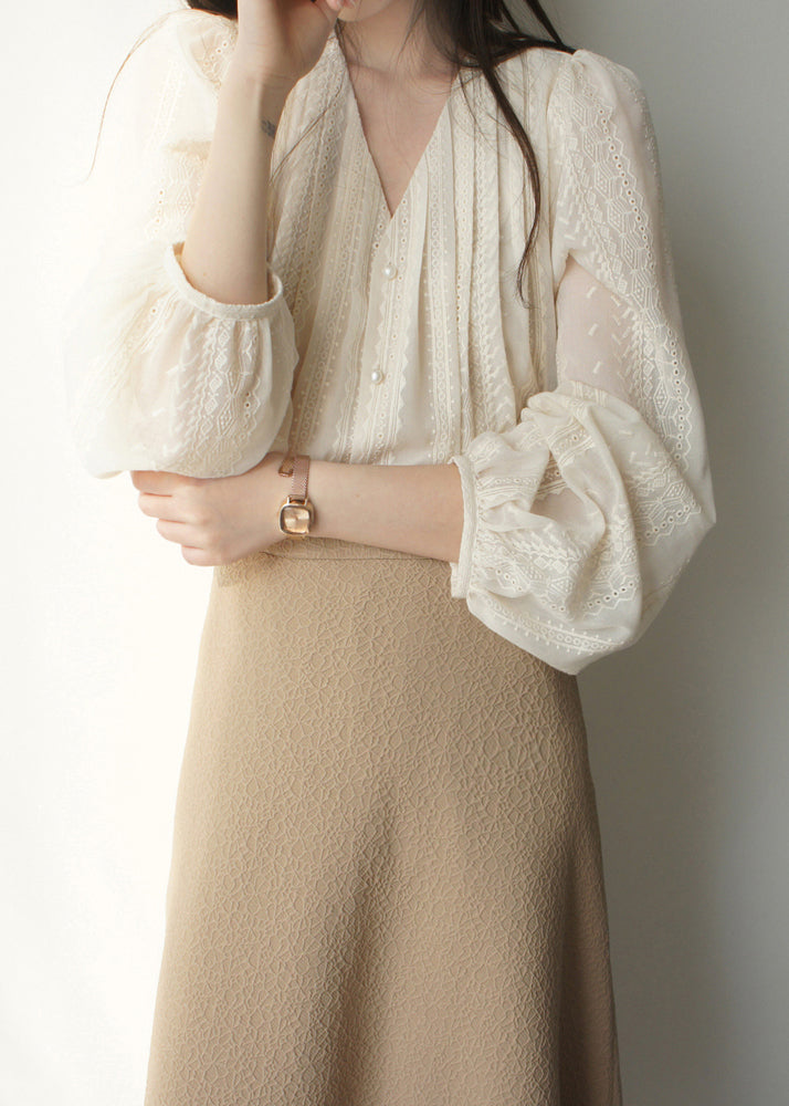 Apricot Chiffon Shirt Embroidered Art Sleeve Lantern