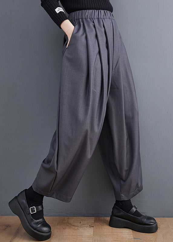 Crop Pants Waist Casual Spring Cotton Grey Pockets Elastic