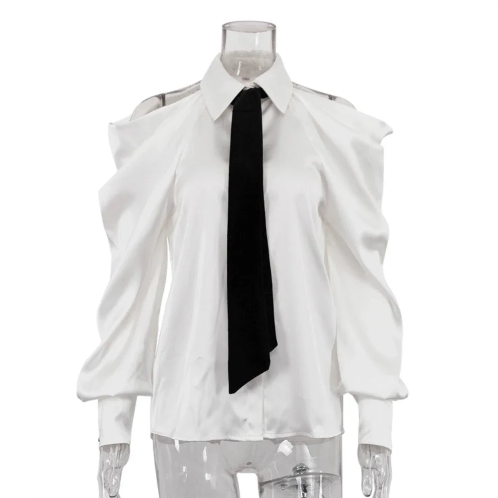 Sleeve Shoulder Satin Off Lapel Tie Party with White Top Long