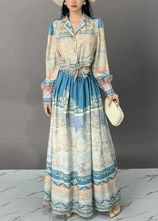 French Blue Print Tops And Skirts Cotton Two Pieces Set Fall AJ1023