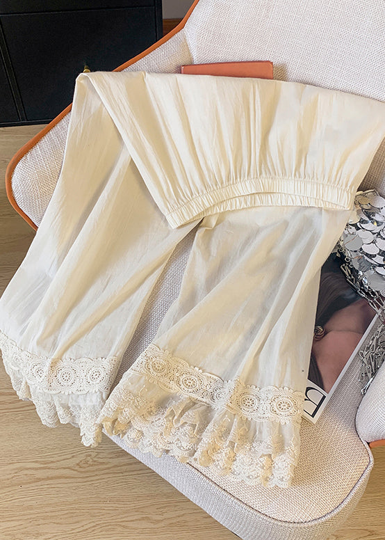 Elastic Straight Unique Beige Summer Waist Pants Patchwork Lace