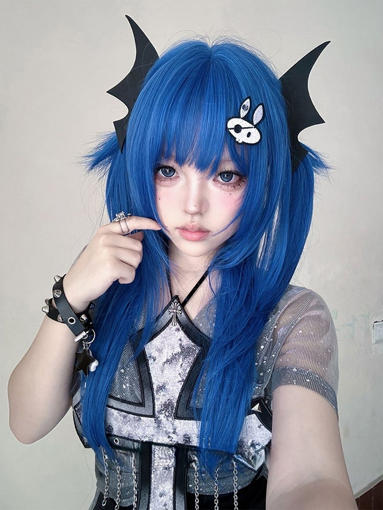 Blue 63CM Bangs Full Length With Straight Wig