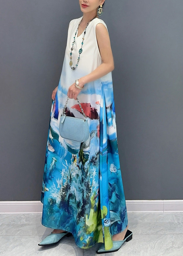 Fashion Blue V Neck Print Long Dress Sleeveless AO1053