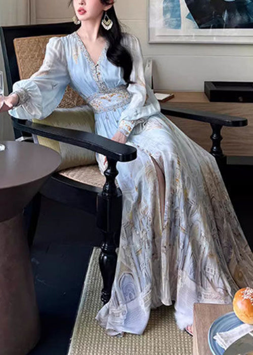 Blue Maxi Chiffon Dresses Stylish V Spring Waist High Neck Print