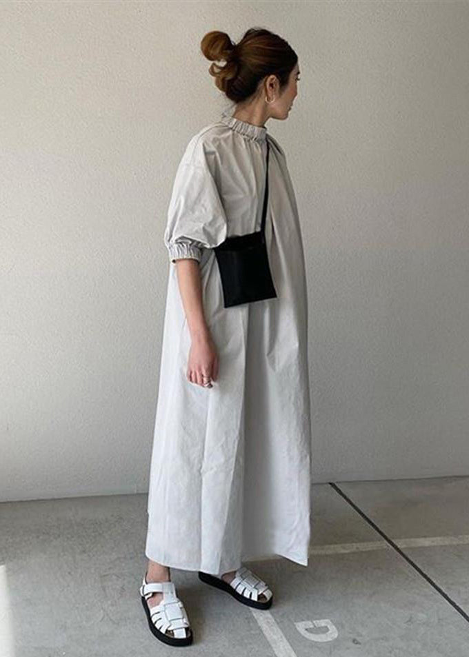 Maxi Navy Cotton Half Women Sleeve Dress Zippered Back