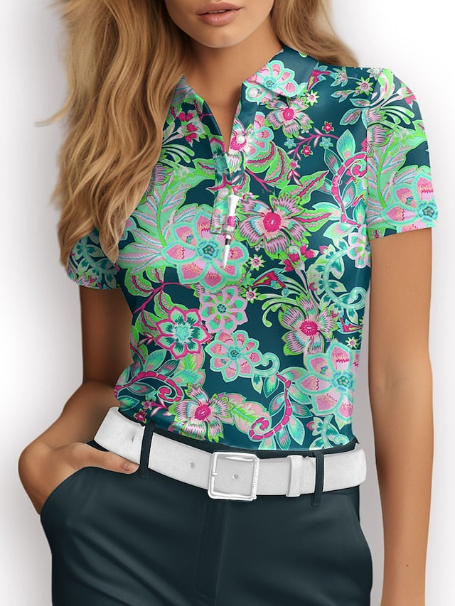 Women's Golf Polo Shirt Floral Green Sun Protection UPF50