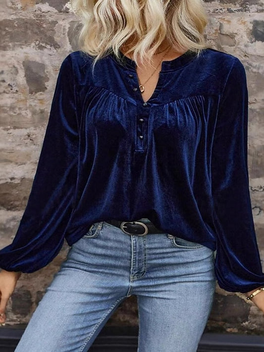 Women's Velvet Elegant Dressy Blouse Buttons Solid Color