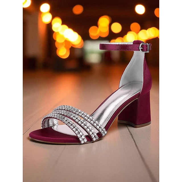 Rhinestone Heel Purple with Satin Block Sandals Women's