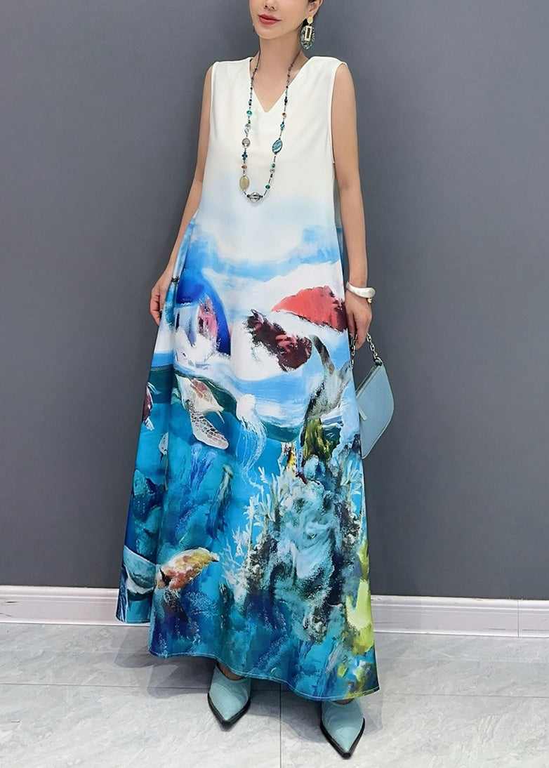 Fashion Blue V Neck Print Long Dress Sleeveless AO1053