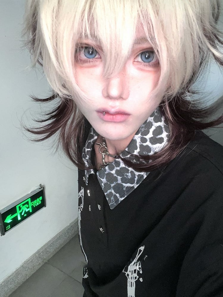 43CM With Wig Length Short Ouji White Hair Ombre And Brown Air Color Bangs