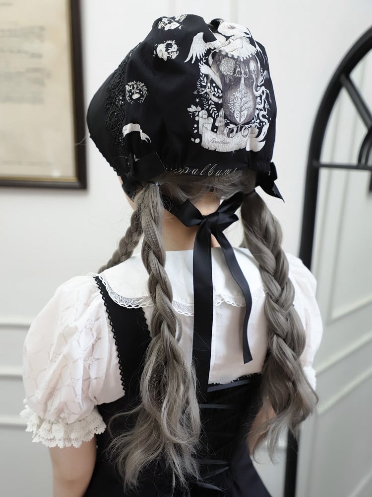 Lolita Black Bunny Print Bonnet Dark