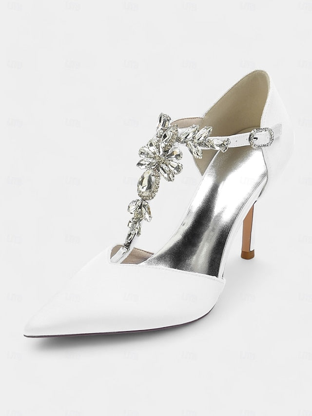 Blue Toe Pointed Women's Heels Navy – Satin T-Strap