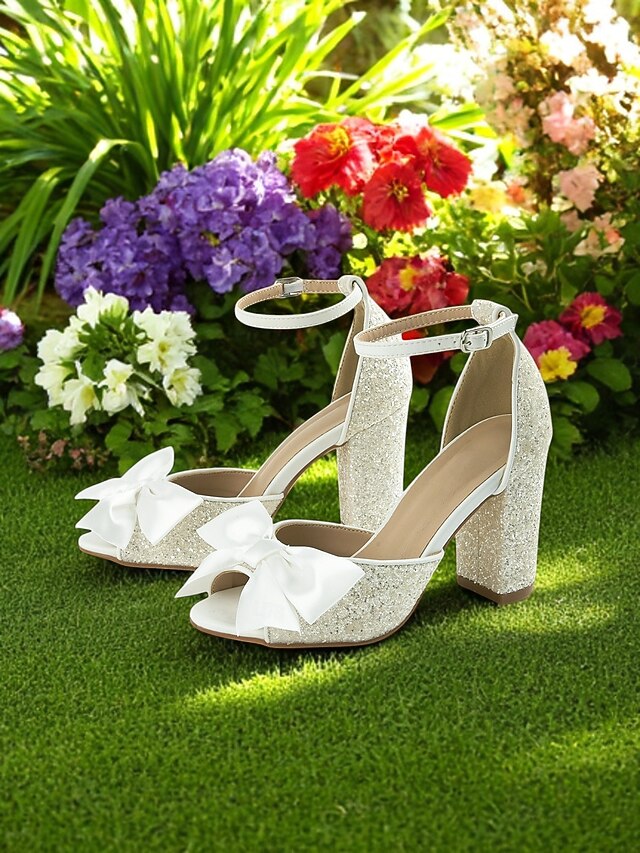 Sandals Heel Women's Glitter Ankle with Wedding Block White