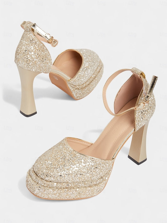 Women's Glitter Heels Platform Gold High