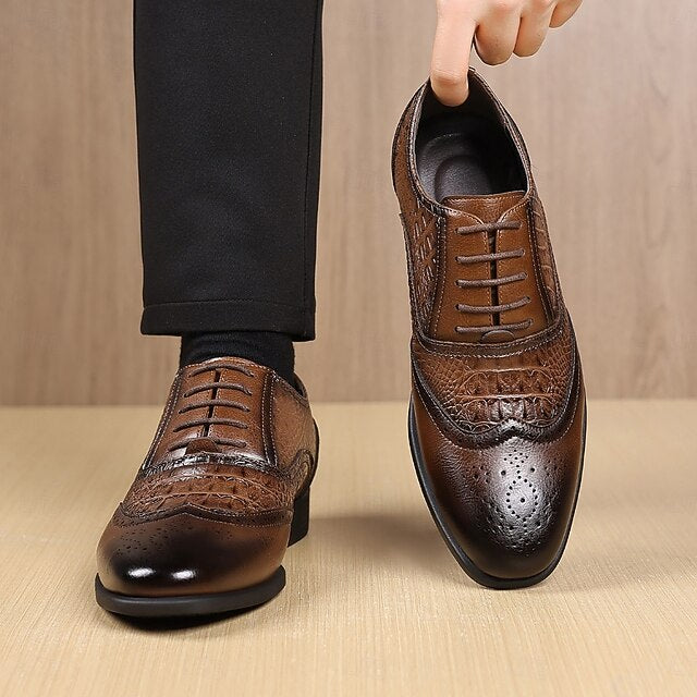 Men's – Pattern Shoes Crocodile Brown Oxford Leather Faux