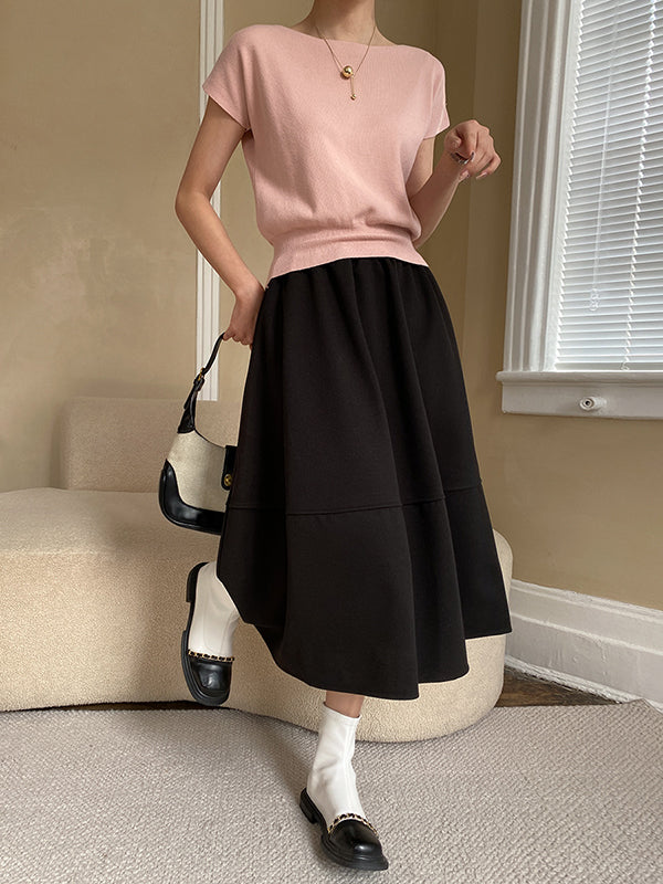 Short Neck Top Stylish Pink Boat Knit Sleeve Loose