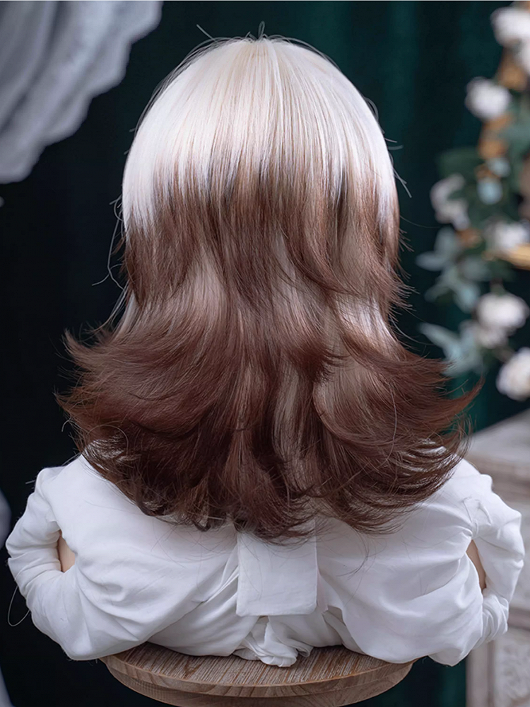 43CM With Wig Length Short Ouji White Hair Ombre And Brown Air Color Bangs