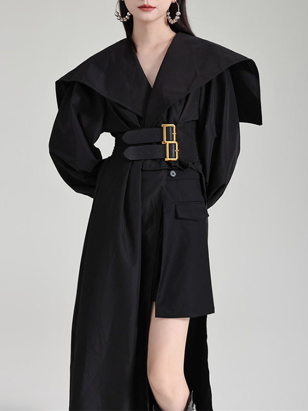 High Belted Pleated Lapel Long Black Asymmetric Waisted Modern