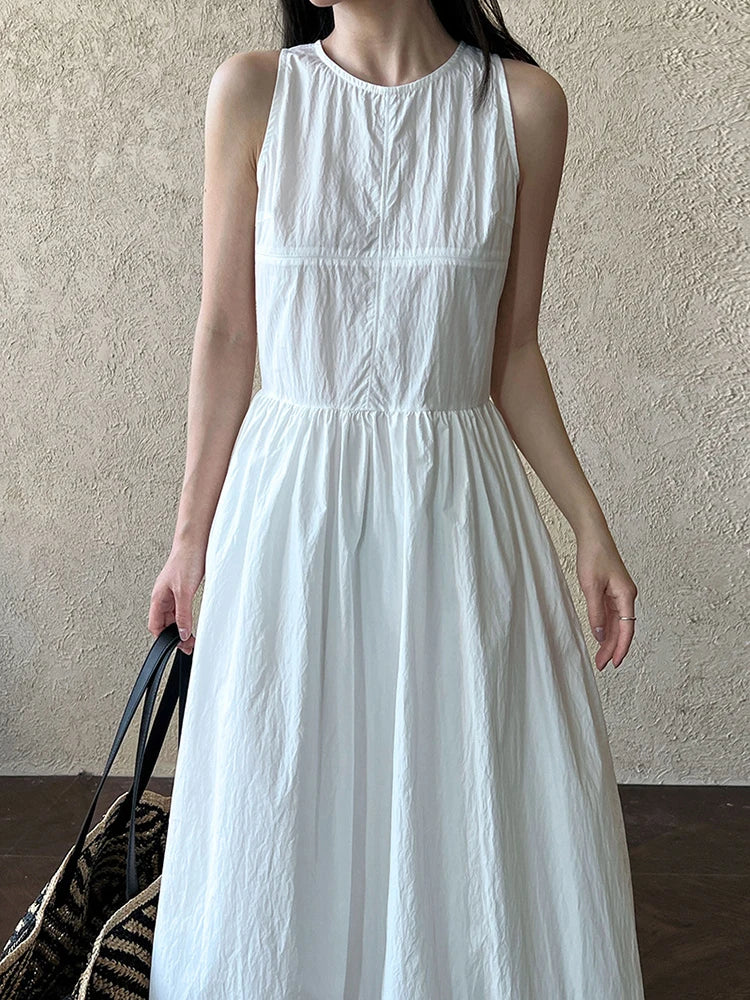 Simple Blue Puff Patchwork Dress Sleeveless O-neck Hem