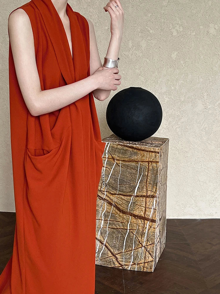 Elegant Sleeveless Midi Draped with Dress Pockets