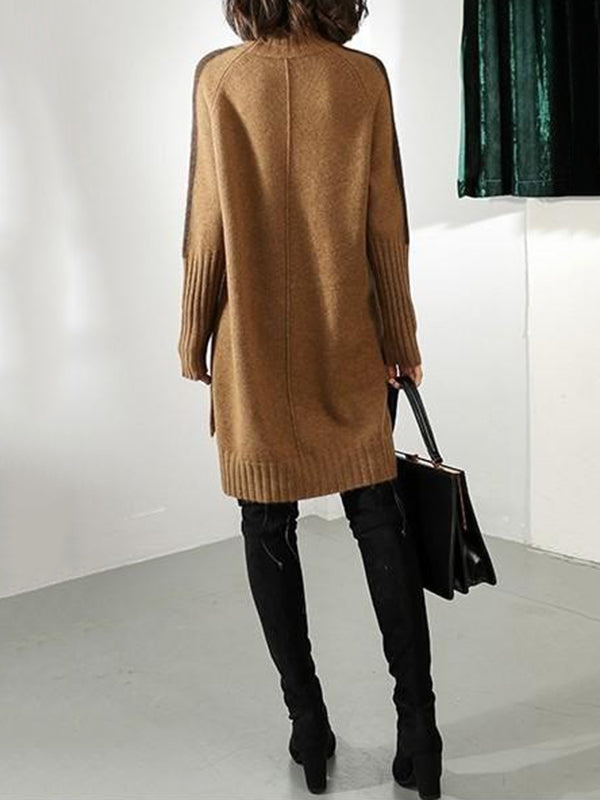 Urban Camel Half Turtleneck Contrast Color Long Sleeve Knit Sweater Dress AN1068