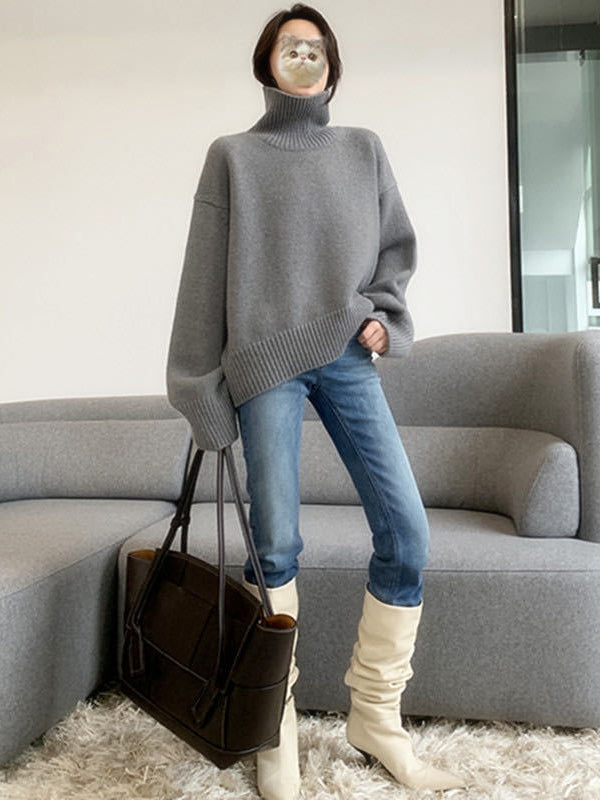 Casual Grey High-Neck Long Sleeve Sweater QX016