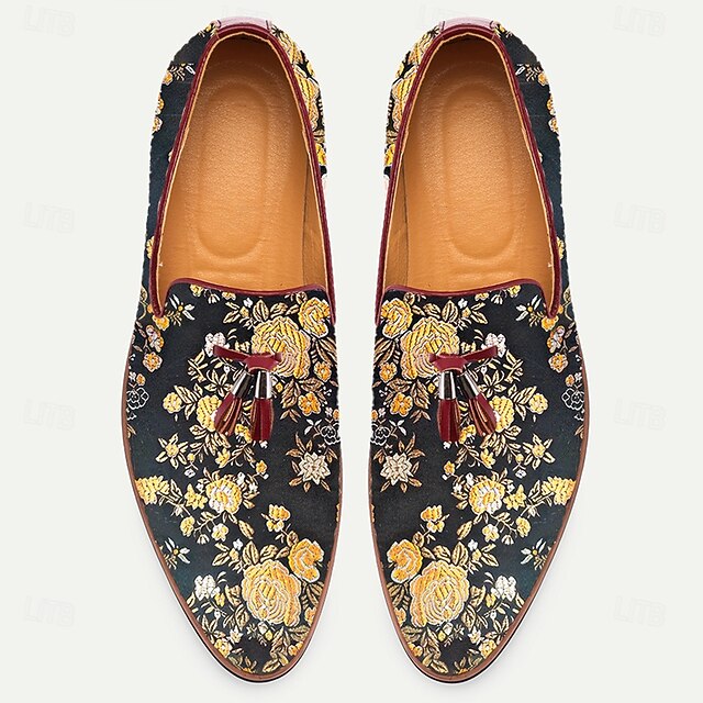 Men's with Tassels Jacquard Pattern Loafers Floral for