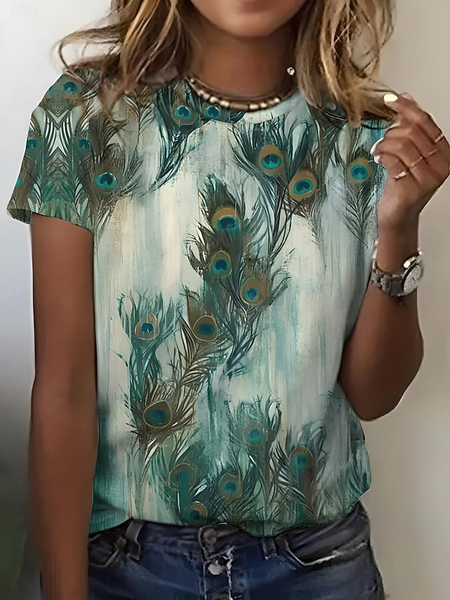 Women's T Shirt Print Ombre Graphic Feather Casual Short