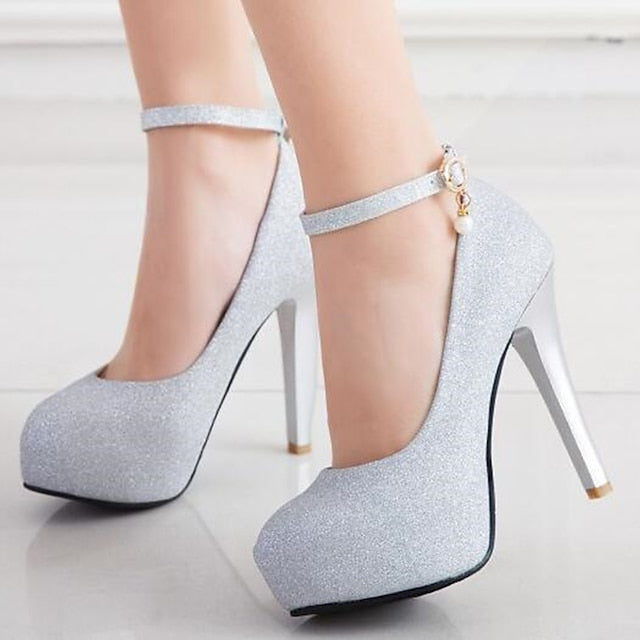 Silver Stiletto Platform with Ankle Glitter Heels Women's