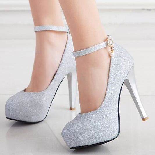 Silver Stiletto Platform with Ankle Glitter Heels Women's