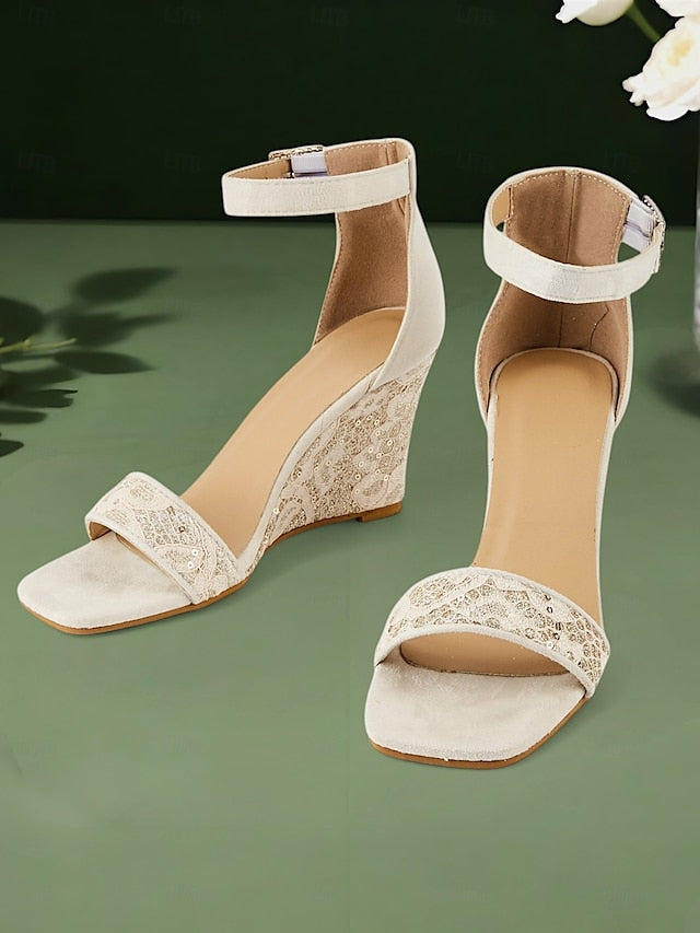 Women Heel – Strap Stylish Lace Ankle White Wedge for Sandals