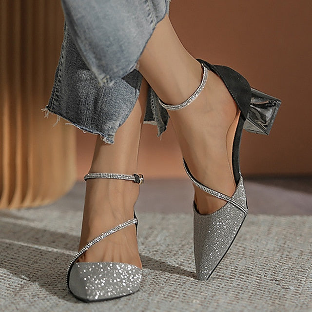 Pointed Heels Women's Glitter Toe Mesh with Ankle Block