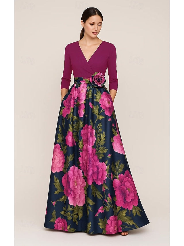 Floral Elegant of the Bride Print Mother A-Line Evening Gown