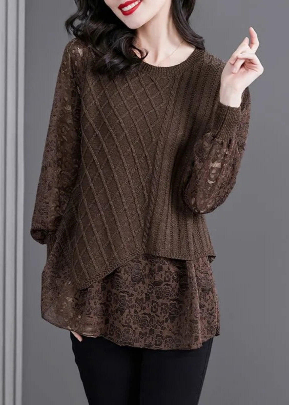 Women Coffee O-Neck Knit Patchwork Fake Two Pieces Top Fall WD029