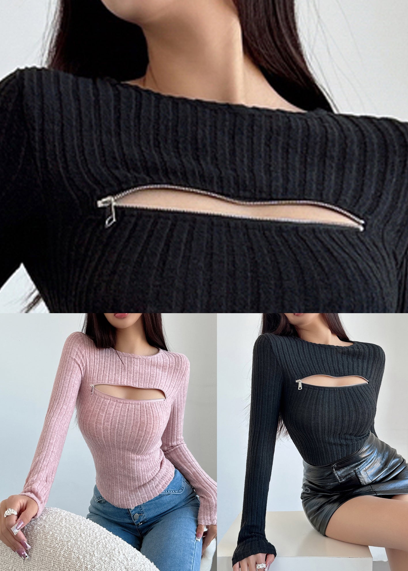 Pink Hollow Out Knit Fall Sweaters Zip Up