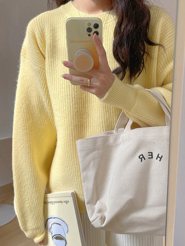 Cute Yellow Round-Neck Long Sleeve Sweater AN1041