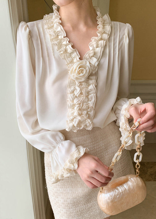 Apricot Art Sleeve Shirt Solid Chiffon Ruffled Petal