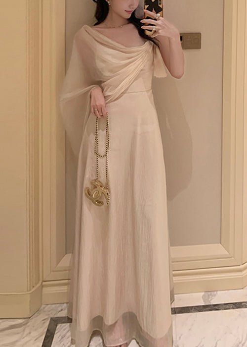 Maxi Summer Dresses Solid Asymmetrical Apricot Silk Elegant