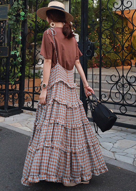 Sleeveless Dress Blue Plaid Long Patchwork Ruffles