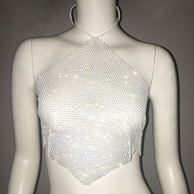 Metallic Sparkle Sexy Crop Tank Top Sheer Mesh Rhinestone Cover