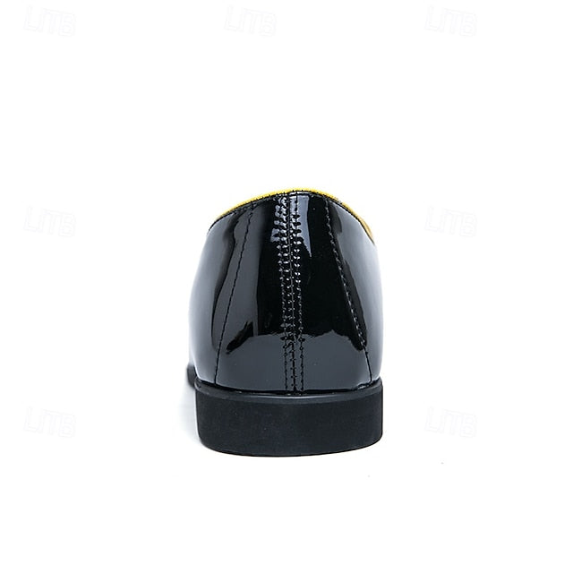 Yellow Loafers Black Leather with Faux Trim Men's Patent