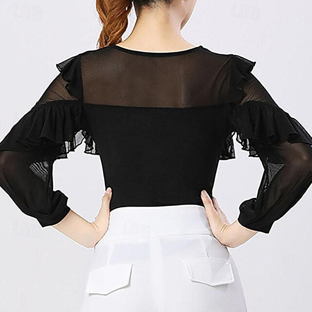 Latin Dance Ballroom Dance Top Ruffles Pure Color Splicing