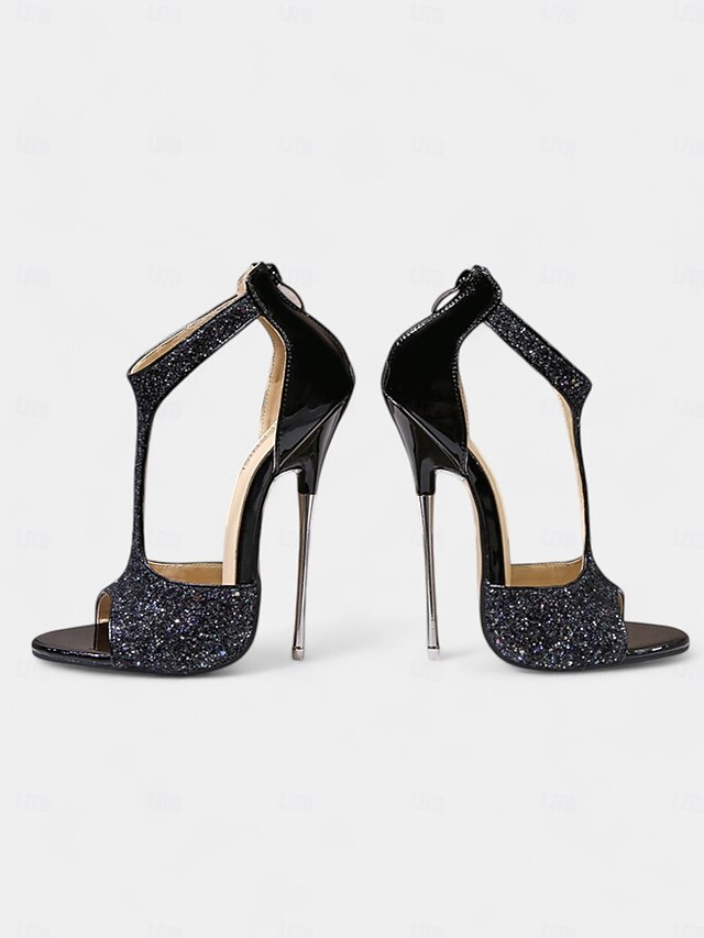 with and Stiletto Design Heels Open for Glitter T-Strap Gold Toe