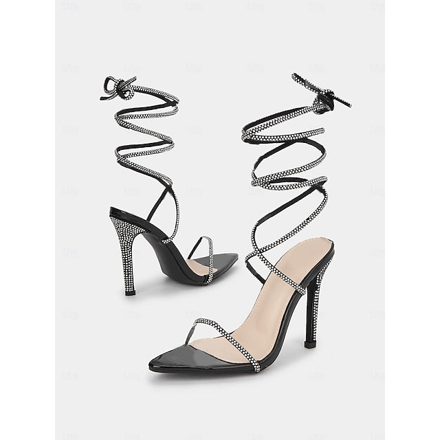 Black Rhinestone – Stiletto Sandals Lace-Up Sexy Women's