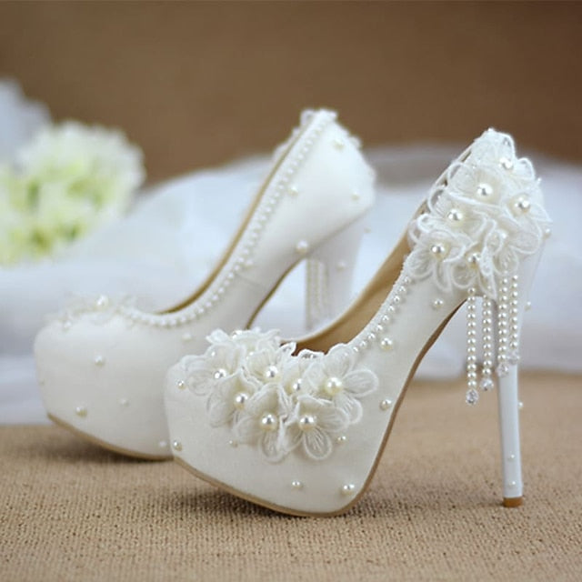 with Women's Platform Heels Floral Lace Wedding White