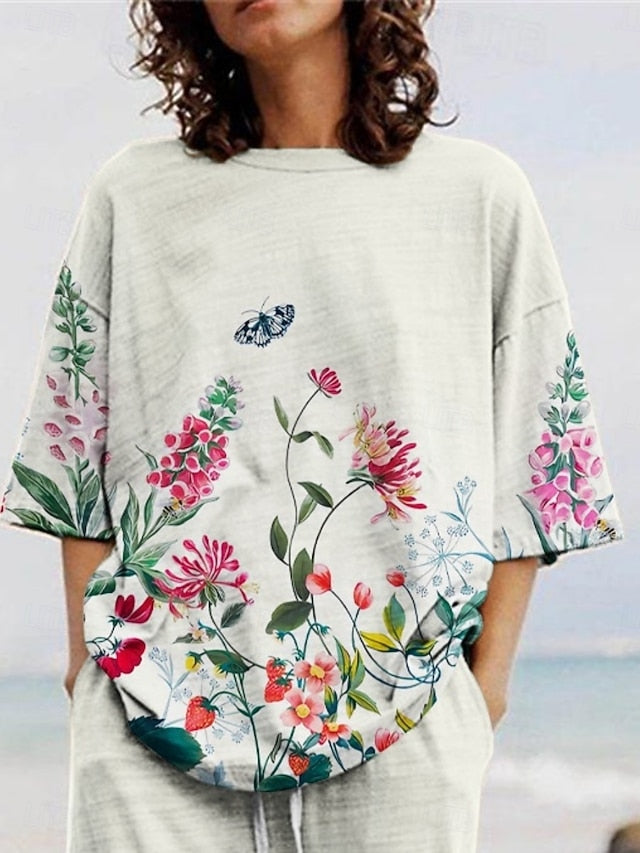 Women's Pants Sets 3/4 Length Sleeve Crew Neck Floral Print
