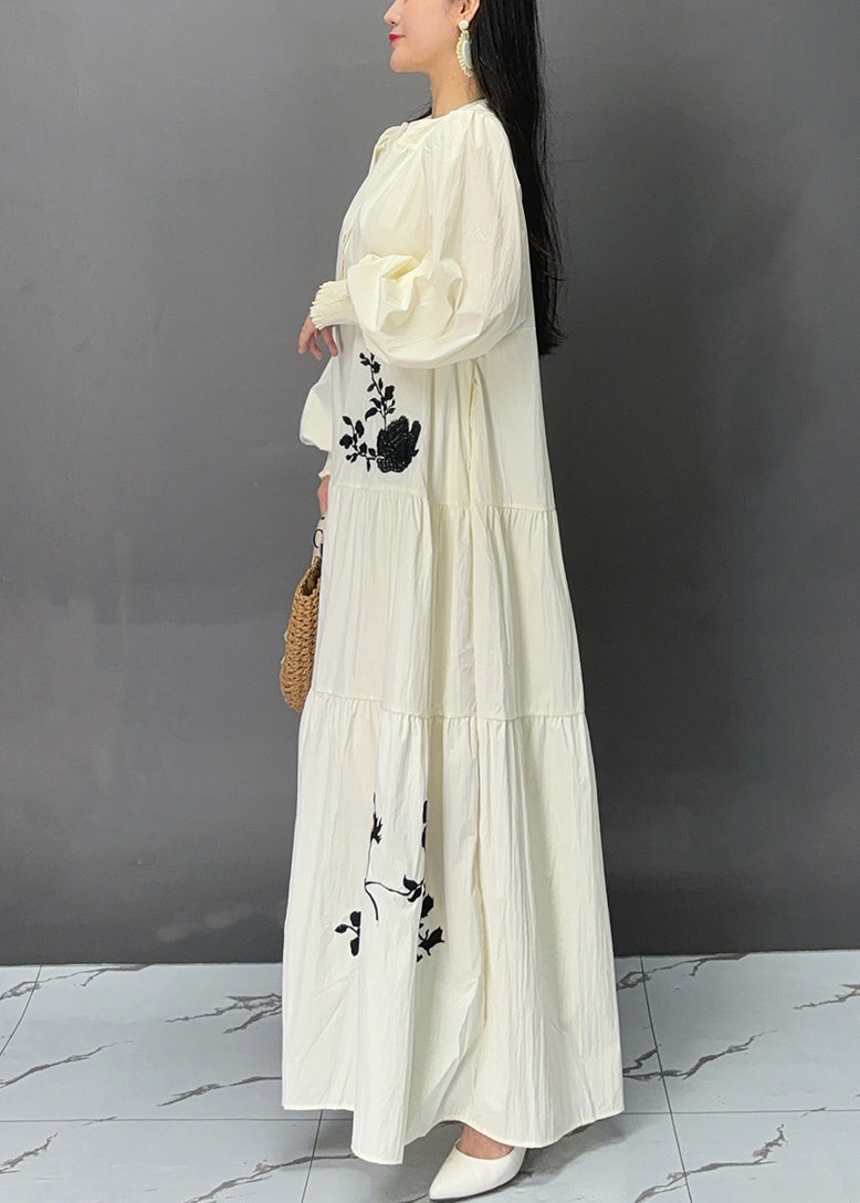 Elegant Beige Button Print Pockets Cotton Dresses Fall AJ1020