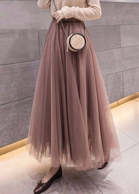 Simple Coffee Solid Elastic Waist Tulle Skirt Spring G197