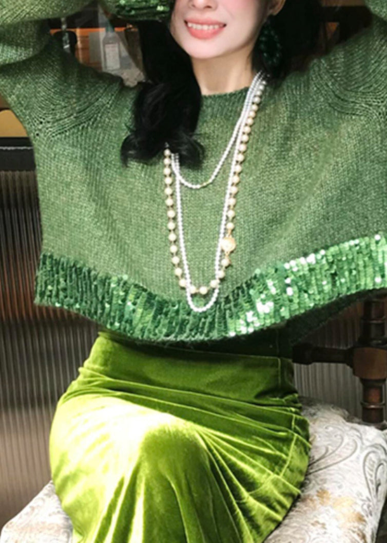 Fashion Green Hollow Out Cotton Knit Sweaters And Maxi Skirts Two Piece Set Winter WV002