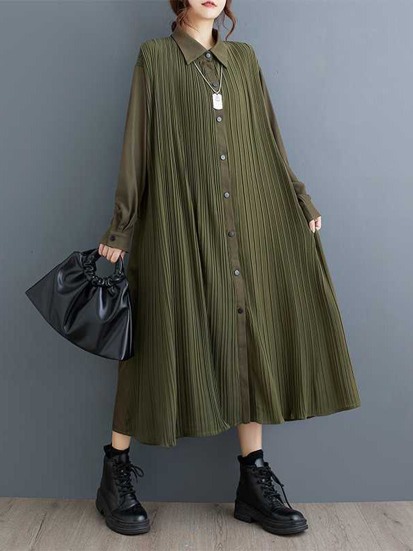 Stylish Army Green Lapel Buttoned Pleated Pockets Long Sleeves Shirt Dress WS001